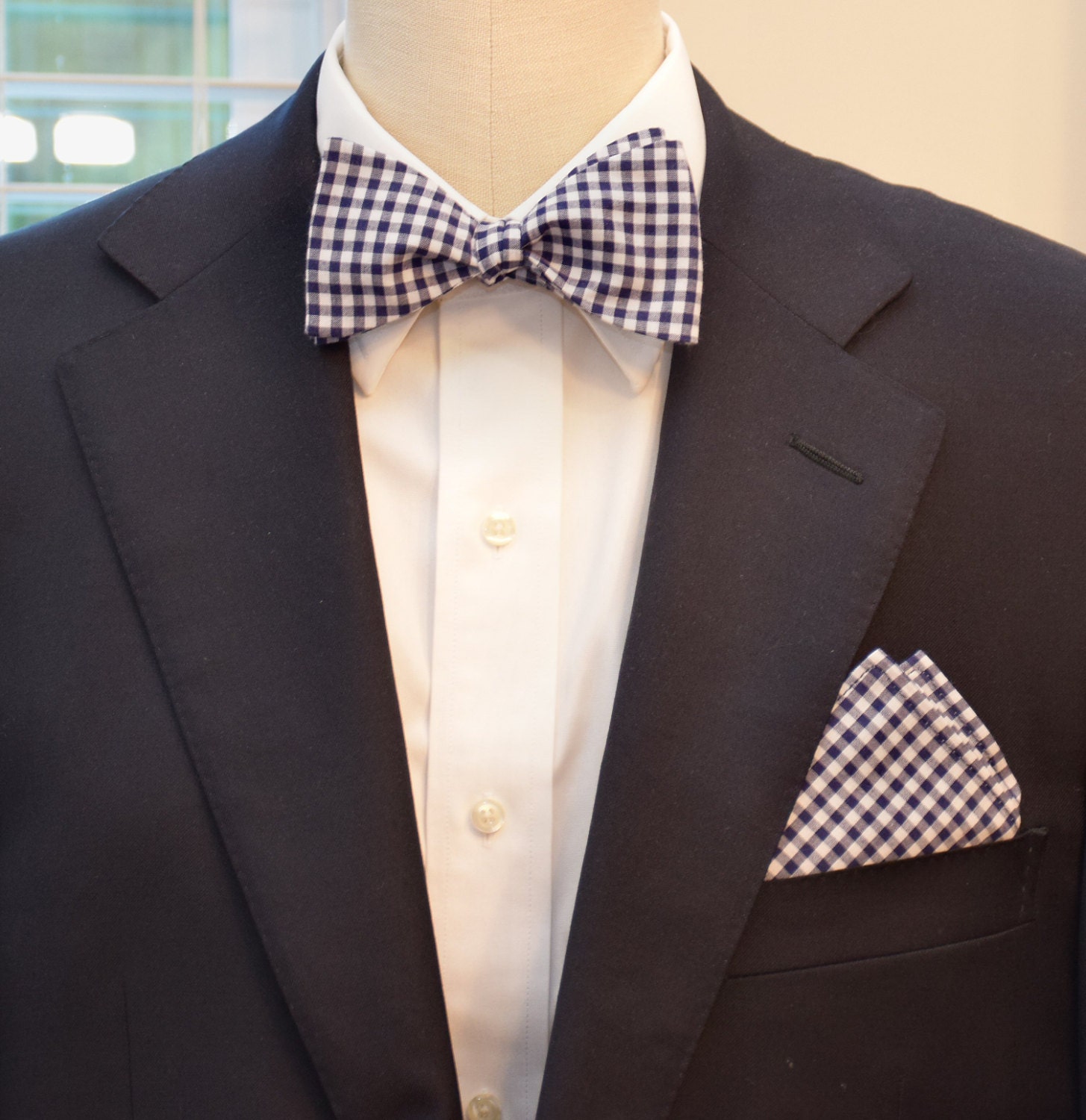 Pocket Square & Bow Tie set, navy gingham, wedding party wear ...