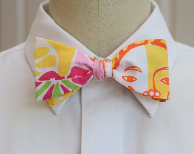 Bow Tie, yellow/pink/orange/green patchwork design, wedding bow tie, groom/groomsmen bow tie, prom bow tie, sunshine, Kentucky Derby