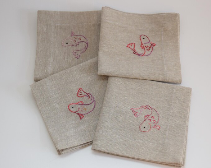 Hand Embroidered Fish Linen Cocktail Napkins, Set of 4