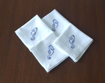 Hand Embroidered Seahorse Cocktail Napkins, Beach House Decor