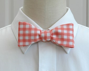 Bow Tie, coral over-sized gingham plaid bow tie, coral white bow tie, wedding bow tie, groom bow tie, groomsmen gift, salmon bow tie,