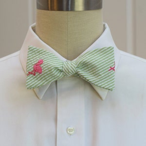 Bow Tie, lime seersucker with hot pink flamingo, wedding party tie, groom bow tie, groomsmen gift, Florida bow tie, self tie bow tie image 1