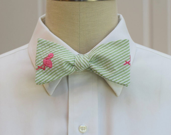 Bow Tie, lime seersucker with hot pink flamingo, wedding party tie, groom bow tie, groomsmen gift, Florida bow tie, self tie bow tie