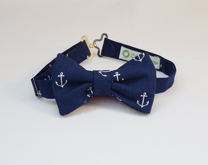 Boy's pre-tied Bow Tie in navy blue with white anchors, father/son matching ties, wedding accessory, toddler bow tie, ring bearer bow tie,
