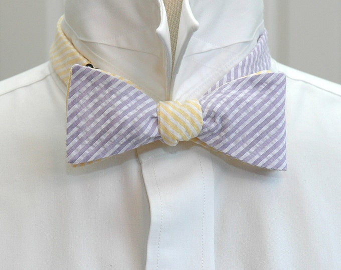 Reversible Bow Tie, lilac & yellow seersucker, wedding party tie, groom bow tie, groomsmen gift, wedding accessory, self tie bow tie
