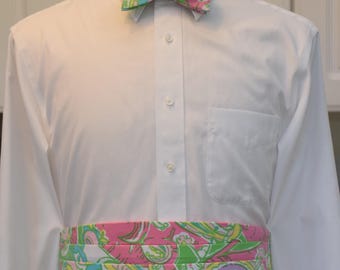 Paisley Cummerbund & Bow Tie Set: Pink Green Abstract Wedding Tuxedo