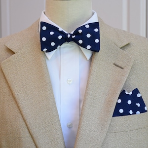 Navy Polka Dot Bow Tie and Pocket Square Set: Groomsmen Wedding Wear