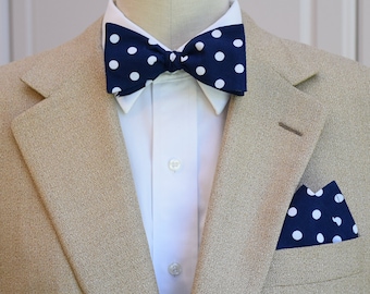 Navy Polka Dot Bow Tie and Pocket Square Set: Groomsmen Wedding Wear