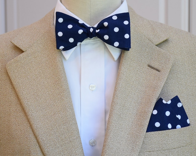 Pocket Square  and Bow Tie in navy with medium white polka dots, wedding party wear, groomsmen gift, groom bow tie set, men's gift set