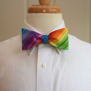 May include: A colorful rainbow-striped bow tie with a blue center knot is displayed on a white dress shirt. The bow tie features vibrant hues of red, orange, yellow, green, blue, and purple, creating a striking visual contrast against the crisp white shirt.