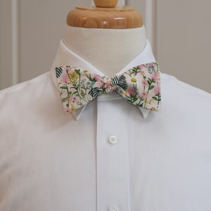 Bow Tie, Rifle Paper Co. Wildwood Wildflowers in pale rose, pink, green, blue, yellow floral bow tie, wedding, groom/groomsmen bow tie