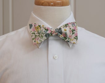 Bow Tie, Rifle Paper Co. Wildwood Wildflowers in pale rose, pink, green, blue, yellow floral bow tie, wedding, groom/groomsmen bow tie