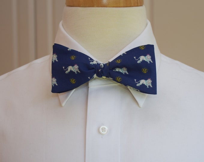 Bow Tie, Liberty of London, navy/white/gold lion King design bow tie, groomsmen/groom bow tie, wedding bow tie, regal lion bow tie