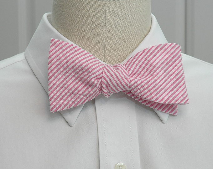 Bow Tie, hot pink seersucker, wedding party tie, groom's bow tie, groomsmen gift, preppy bow tie, wedding accessory, self tie bow tie
