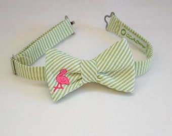 Boy's Lime Seersucker Bow Tie: Hot Pink Flamingo Wedding Accessory