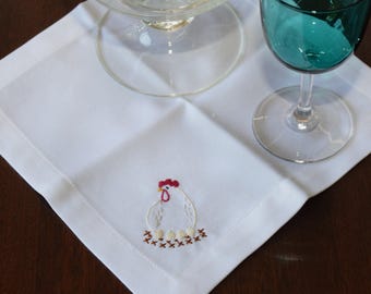 Hand Embroidered Rooster and Hen Cocktail Napkins, Set of 4
