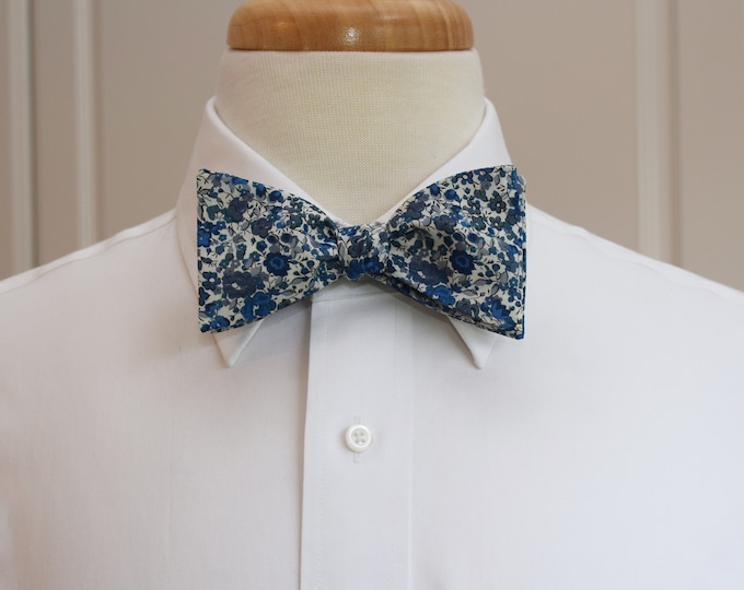 Bow Tie, Liberty of London blues/grays/ivory floral Emma & Georgina print, groomsmen/groom bow tie, wedding bow tie, tuxedo accessory