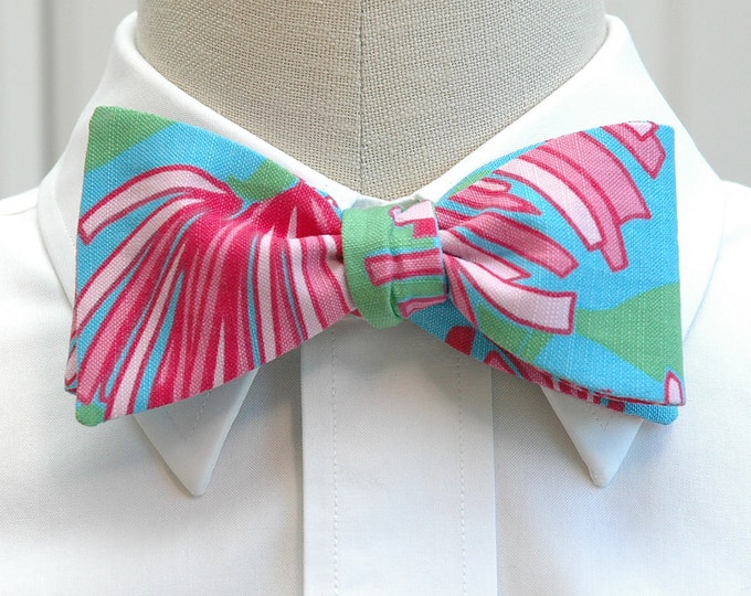 Bow Tie, turquoise/pink chrysanthemum abstract print bow tie, wedding bow tie, groom bow tie, groomsmen gift, prom/formals bow tie,