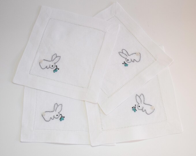 Hand Embroidered Rabbit Cocktail Napkin, Hostess Gift