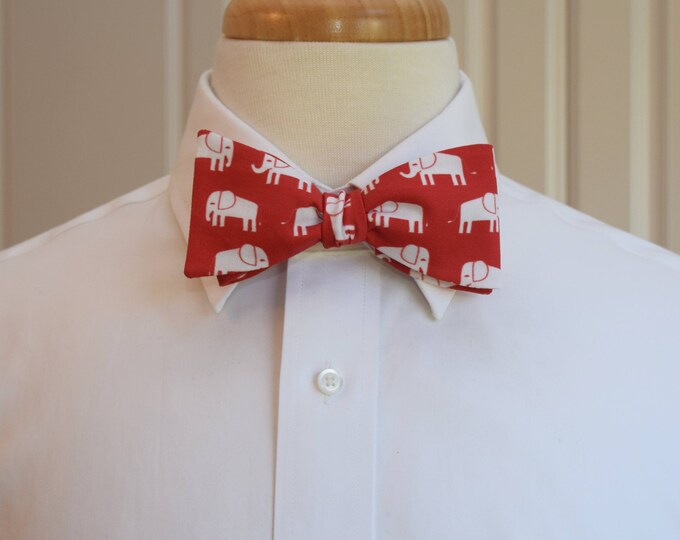 Bow Tie, red with white elephants, zoo wedding bow tie, elephant lover gift, red/white elephant bow tie, Republican elephant gift