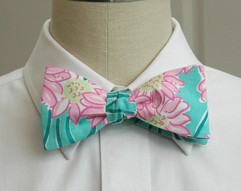 Bow Tie, pink/teal/aqua daisy print bow tie, wedding bow tie, groom/groomsmen bow tie, prom/formals bow tie, tux accessory, Easter