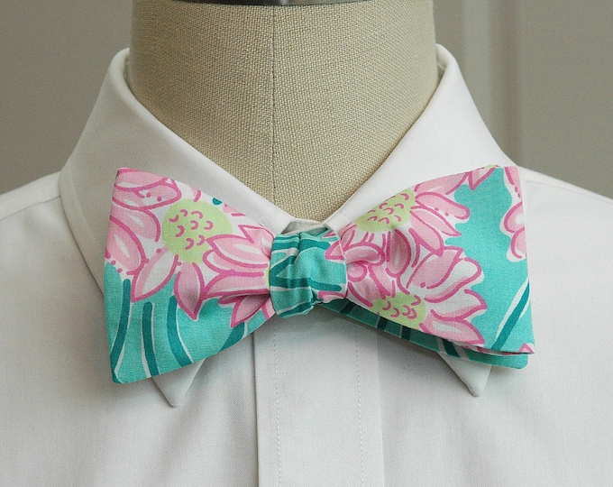 Bow Tie, pink/teal/aqua daisy print bow tie, wedding bow tie, groom/groomsmen bow tie, prom/formals bow tie, tux accessory, Easter