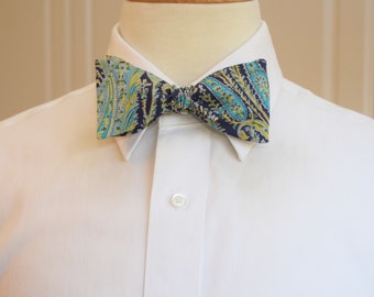 Bow Tie, Liberty London navy/turquoise/yellow paisley Felix & Isabelle print, groomsmen/groom bow tie, wedding bow tie, tux accessory
