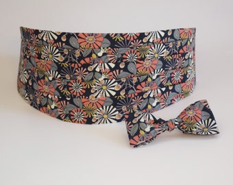 Cummerbund & Bow tie, Liberty of London, Daisy Pop Coral, navy, coral, grey floral,  wedding party, tux accessory, groom formal wear