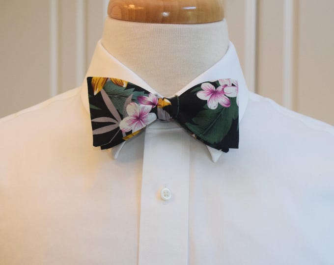 Floral Hawaiian Print Bow Tie: Tropical Wedding, black/pink/mustard flowers