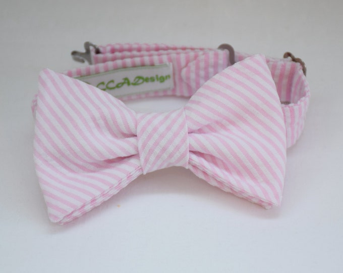 Boy's pre-tied Bow Tie in pale pink seersucker, matching father/son bow ties, custom boy's bow tie, pink wedding accessory, toddler bow tie