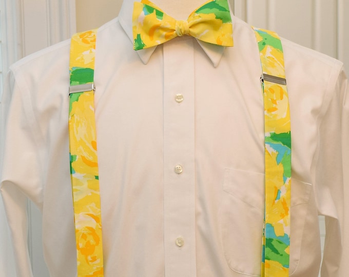 Suspenders and Bow Tie set, yellow abstract floral print, custom menswear clip-on suspenders, wedding party wear, groomsmen's gift