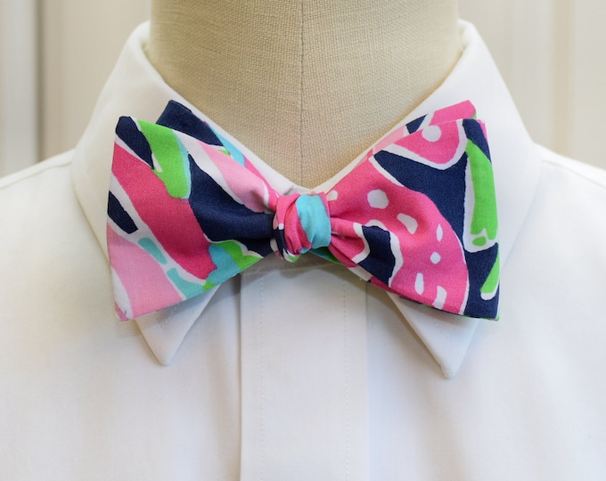 Abstract Ocean Theme Bow Tie, Navy Pink Green Adjustable Wedding Neckwear