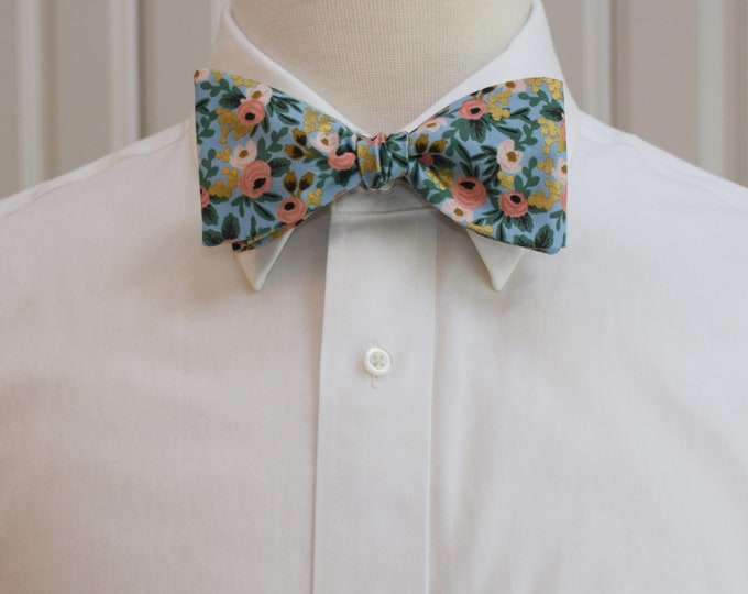 Bow Tie, Rifle Paper Co. Primavera Rosa, periwinkle blue/gold/coral/green, floral bow tie, roses, wedding/groom/groomsmen bow tie