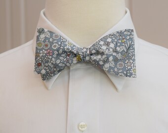 Mens Bow Tie, Liberty of London gray/ivory floral bow tie, gray June's Meadow print, groomsmen/groom bow tie, wedding bow tie, tux accessory