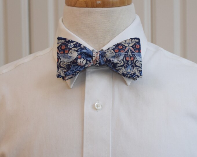 Bow Tie, blues/beige/salmon pink, Strawberry Thief classic bird print bow tie, groom/groomsmen bow tie, wedding, William Morris