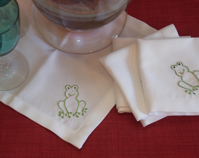 Hand Embroidered Frog Cocktail Napkins Set, Hostess Gift