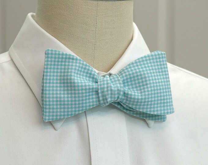 Men's Bow Tie, aqua mini gingham, wedding bow tie, groom bow tie, groomsmen gift, aqua check bow tie, summer bow tie, Fathers Day gift,