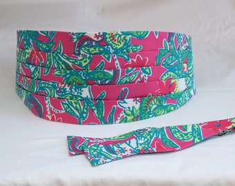 Cummerbund & Bow Tie, hot pink/teal abstract floral fabric, groom/groomsmen formal wear, wedding party attire, tuxedo accessory, prom style