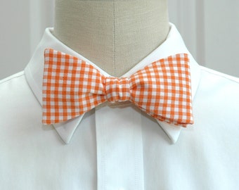 Bow Tie, orange gingham bow tie, wedding bow tie, orange check bow tie, groom bow tie, groomsmen gift, orange white bow tie, prom tie