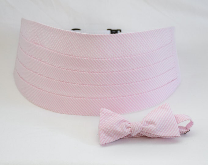 Cummerbund & Bow Tie, pale pink seersucker, wedding party menswear, tuxedo accessory, groom formal wear, southern style, custom handmade