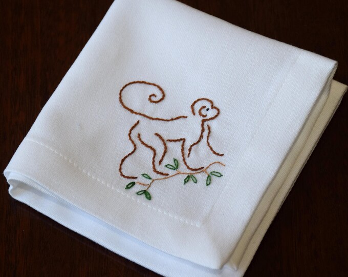 Hand Embroidered Monkey Cocktail Napkins, Custom Hostess Gift