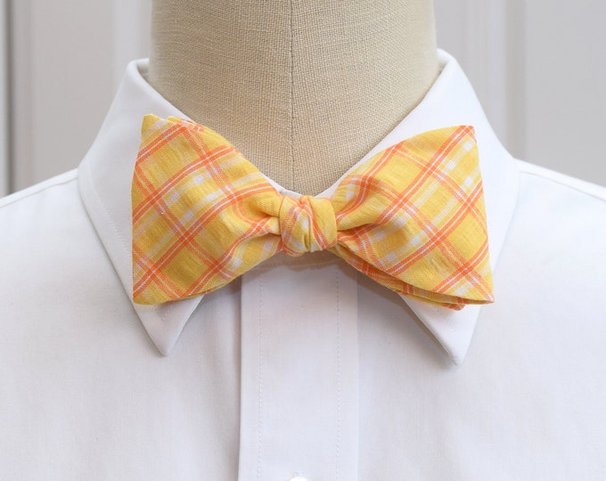 bow tie, yellow plaid seersucker, wedding bow tie, groom bow tie, groomsmen gift, yellow orange bow tie, southern summer bow tie,