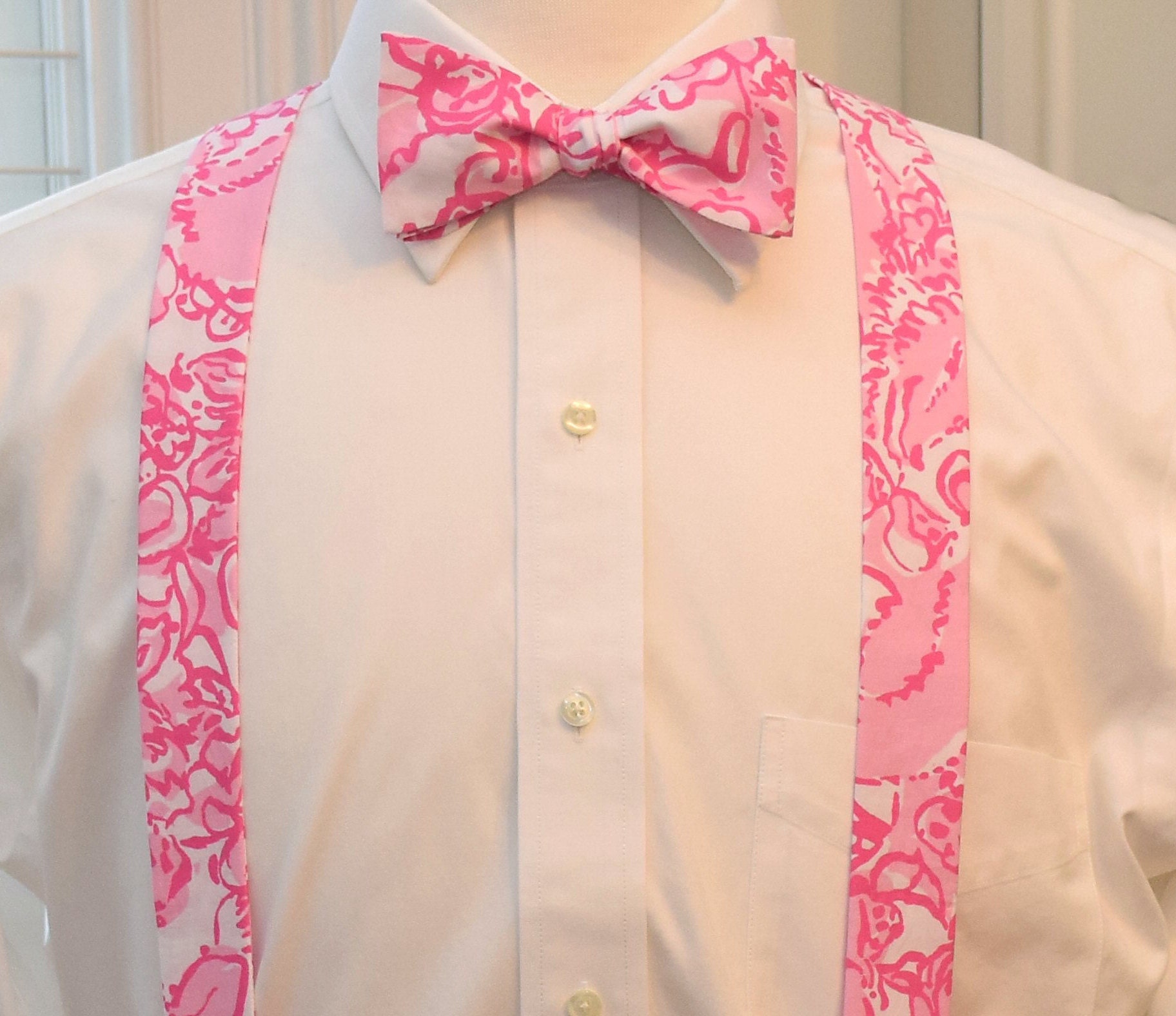 mens pink bow tie and suspenders