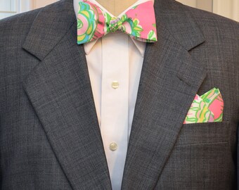 Pocket Square  & Bow Tie set, pink/green/yellow paisley effect, wedding party wear, groomsmen gift, groom bow tie set, men's gift set