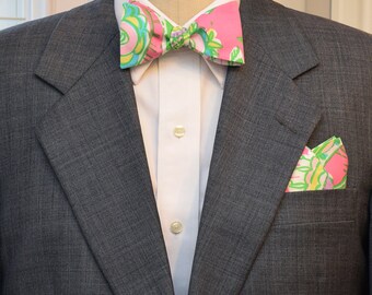 Paisley Bow Tie & Pocket Square Set, Pink Green Yellow