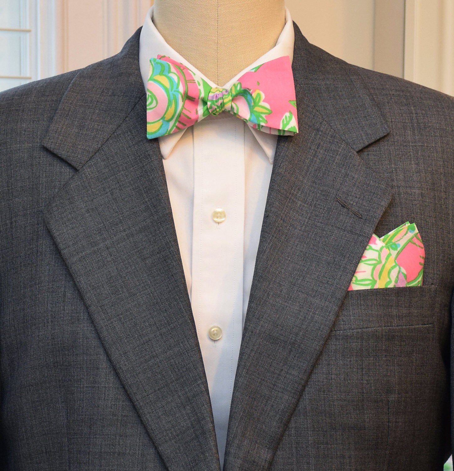 Pocket Square & Bow Tie set, pink/green/yellow paisley effect, wedding ...