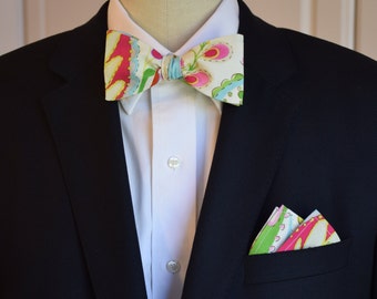 Pocket Square  & Bow Tie set, multi color eastern garden print, wedding party wear, groomsmen gift, groom bow tie set, men's gift set
