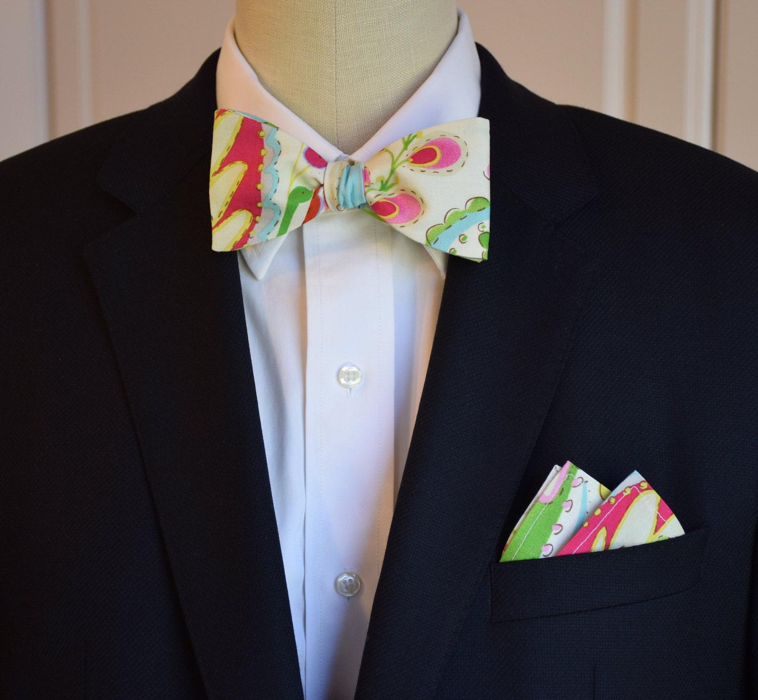 Pocket Square & Bow Tie set, multi color eastern garden print, wedding ...