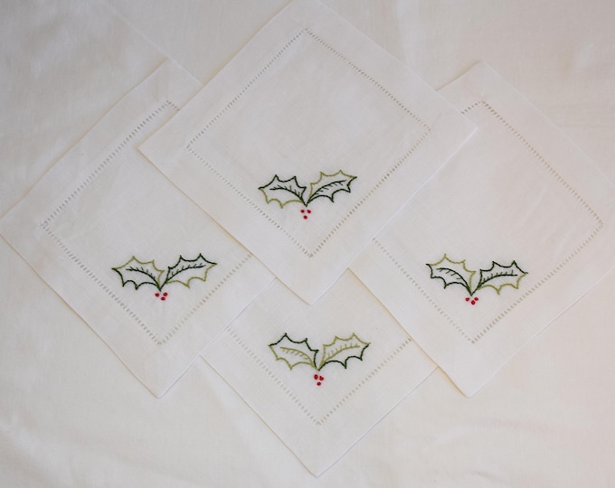 Hand Embroidered Holly Linen Cocktail Napkins, Christmas Hostess Gift, Set of 4
