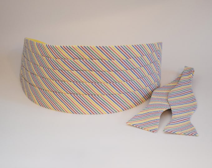 Cummerbund & Bow Tie set, rainbow seersucker, wedding bow tie set, groom/groomsmen's gift, LGBTQ, gay pride, Pride, rainbow cummerbund